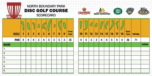 North Boundary Park Disc Golf Scorecard