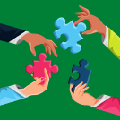 Cartoon hands holding puzzle pieces